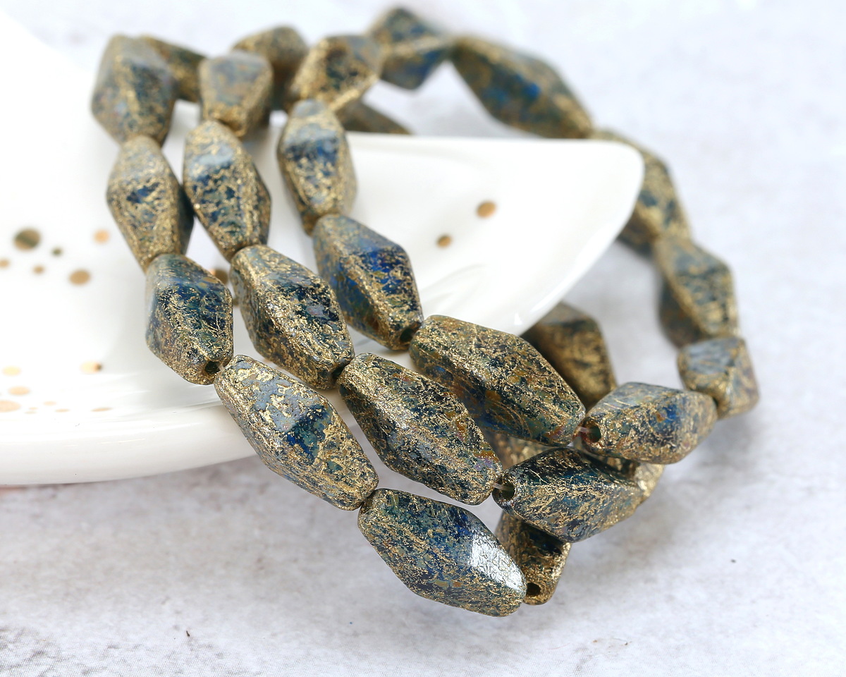 Czech Glass Textured Pacific Blue w/ Gold Rhombus 14x7mm