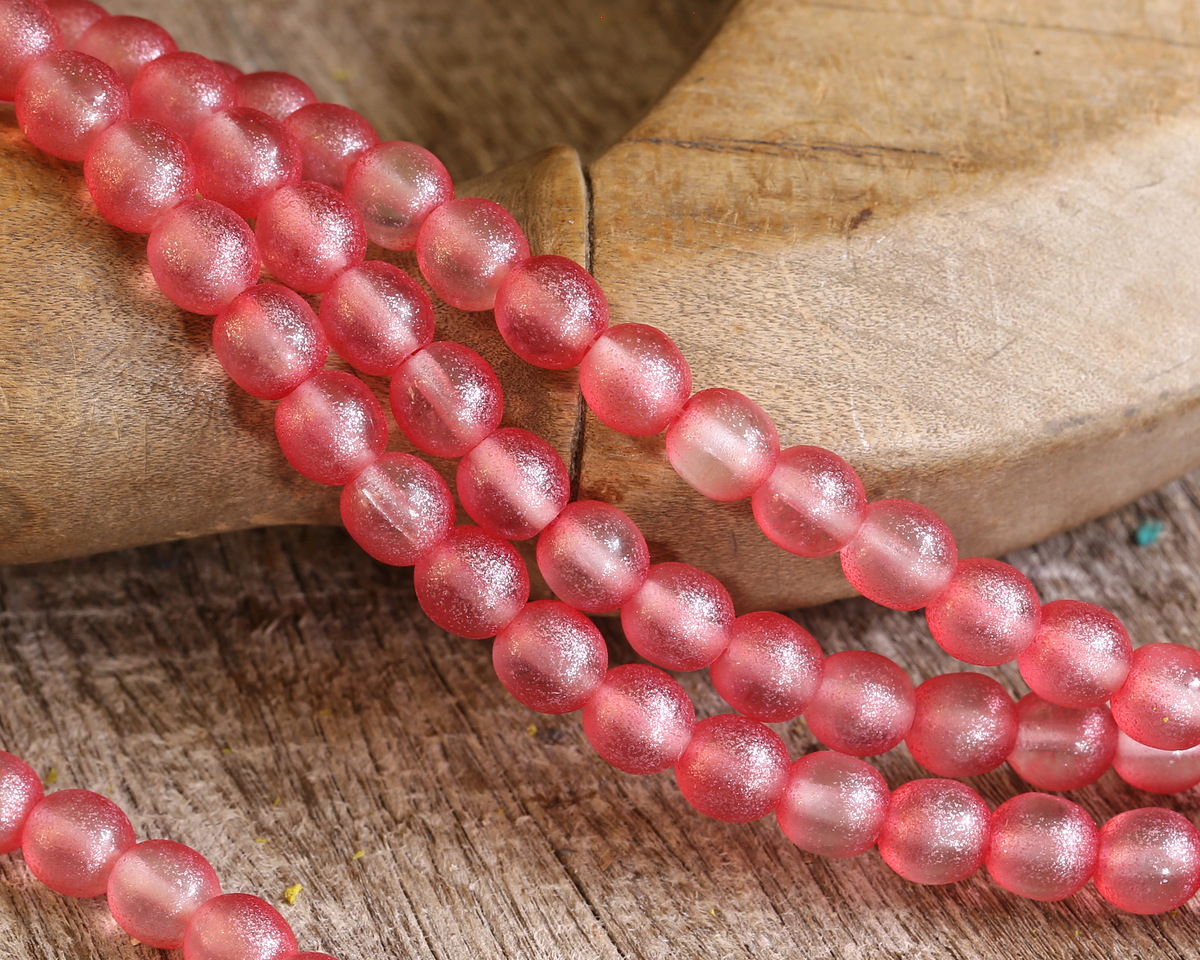 Czech Glass Crystal w/ Textured Pink Luster Round Druk 6mm