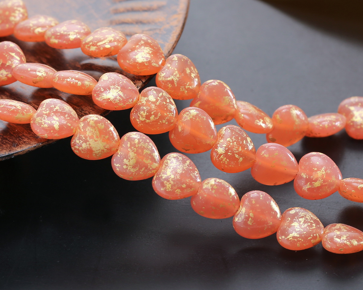Czech Glass Pink Grapefruit Opal w/ Gold Wash Heart 8mm