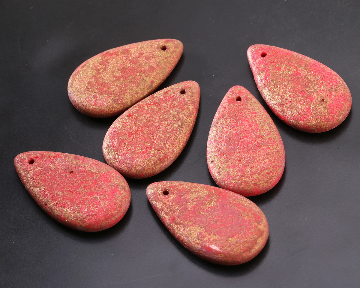 Czech Glass Textured Matte Red w/ Bronze Teardrop 18x30mm