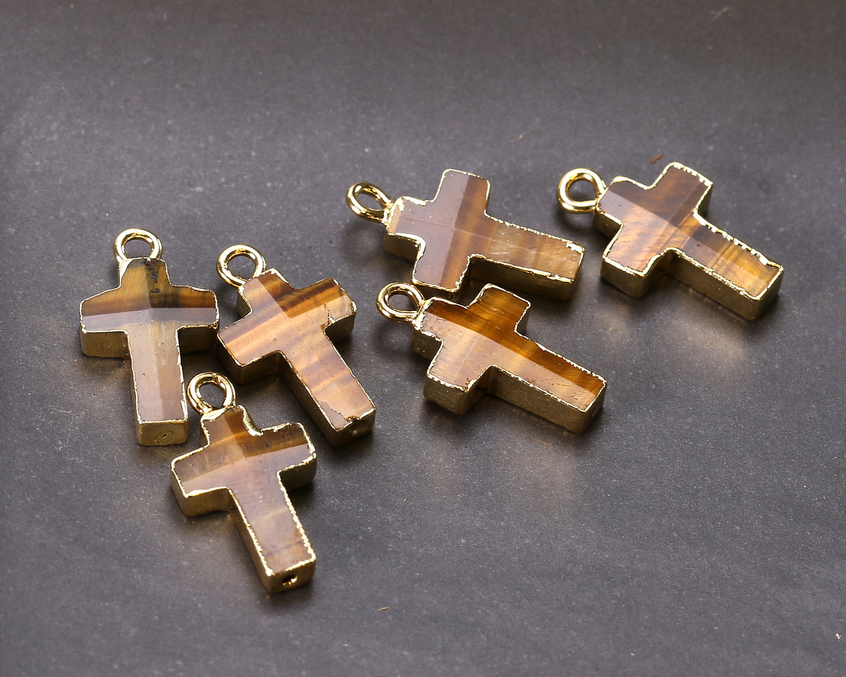 Tiger Eye Faceted Cross Focal w/ Gold Finish 10x15mm