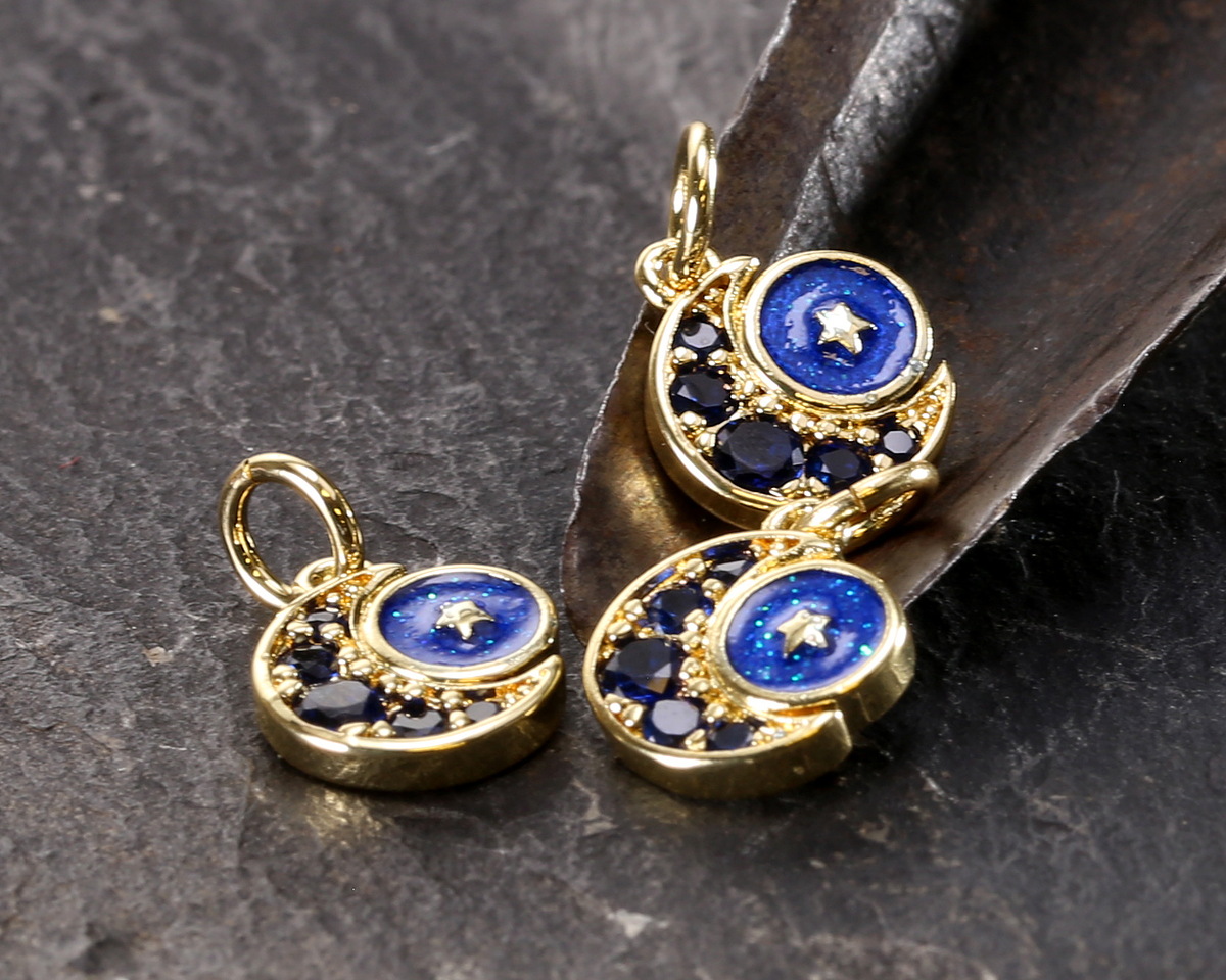 18k Gold (plated) Tiny Blue Crystal Crescent w/ Blue Enamel Moon Focal 9x11mm