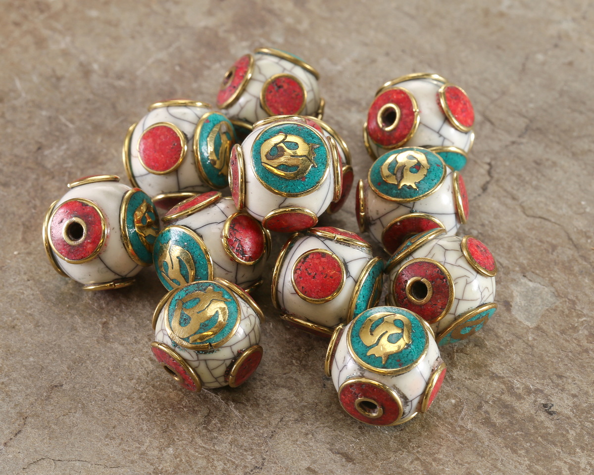 Nepalese White Shell & Brass w/ Om on a Turquoise Center Round Bead 18x17mm