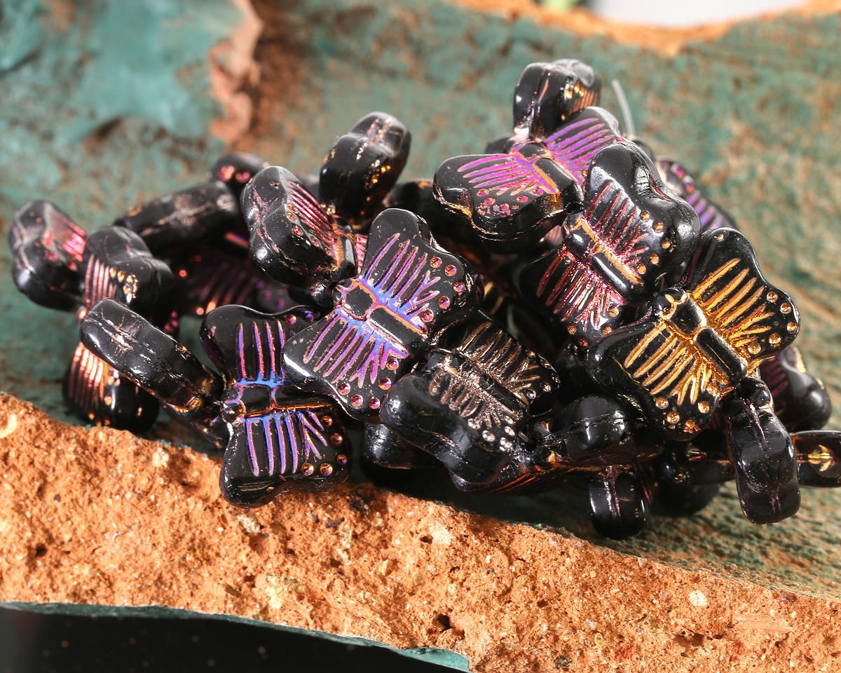 Czech Glass Jet w/ Metallic Rainbow Butterfly 16x11mm
