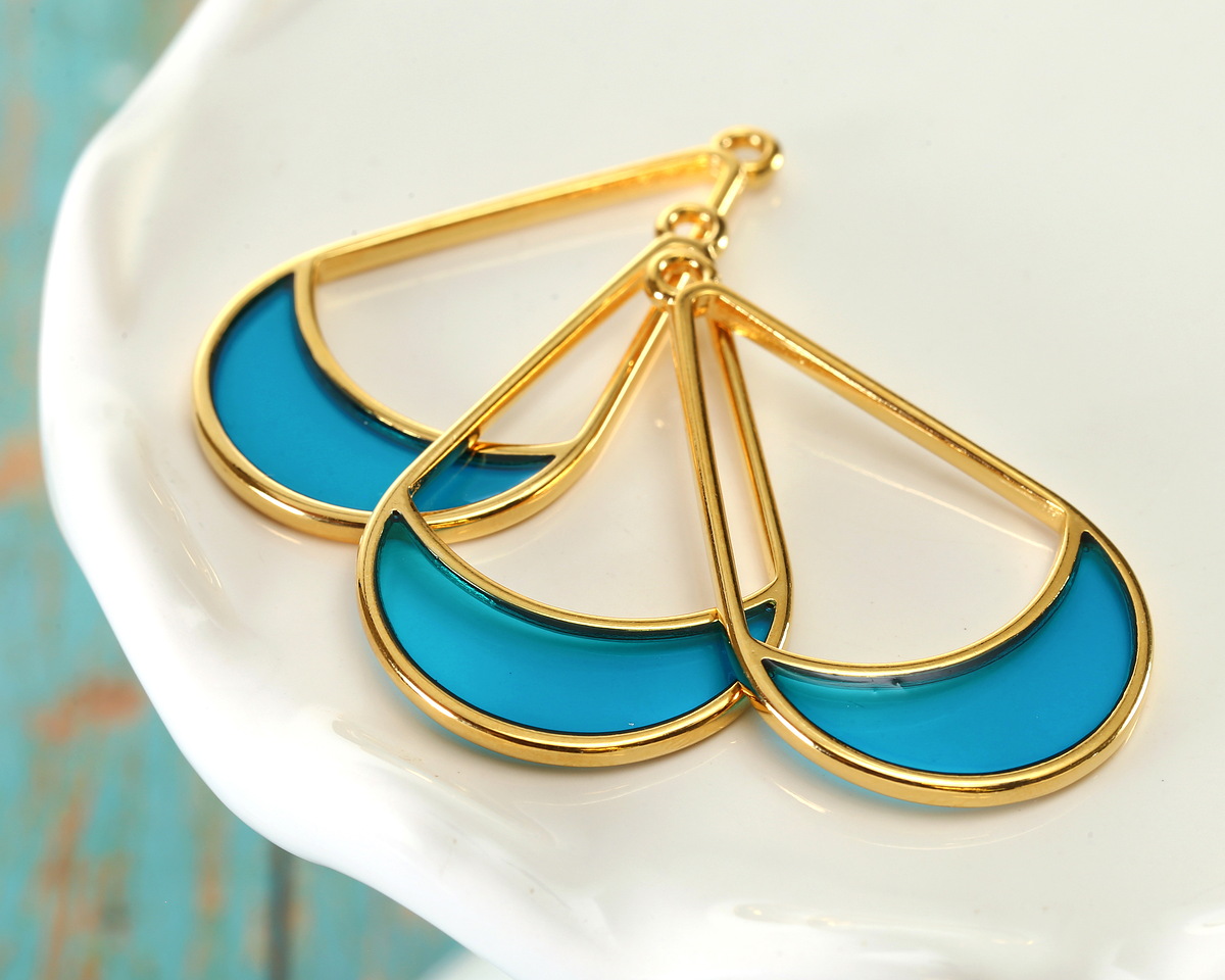 24K Gold (Plated) Transparent Turquoise Resin Openwork Teardrop Focal 24x42mm