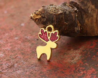 24K Gold (plated) Cherry Red Enamel w/ Glitter Reindeer Pendant 10x16mm
