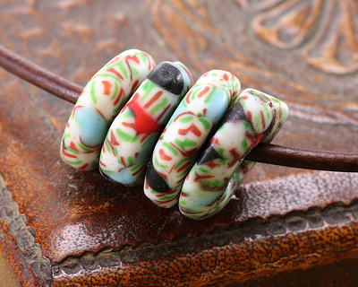 African Recycled Glass & Seed Bead Aqua w/ Red & Black Mini Donut 4-5x13-14mm