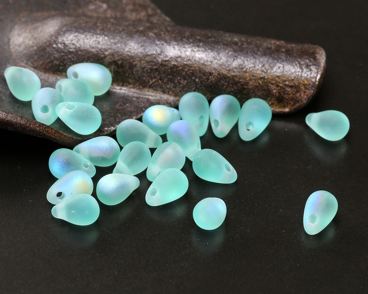 Czech Glass Matte Island Blue AB Teardrop 4x6mm