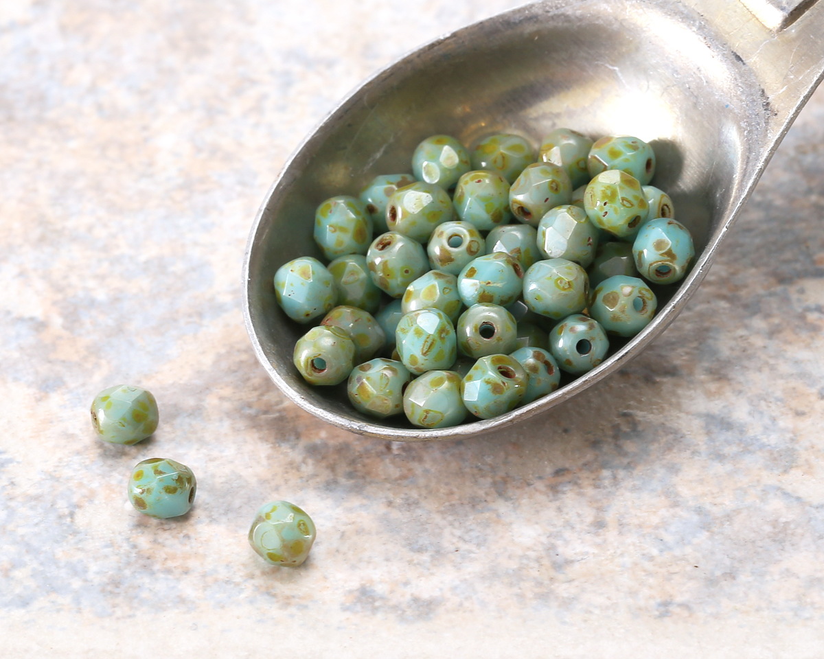 Czech Glass Blue Turquoise Picasso Fire Polished Round 4mm