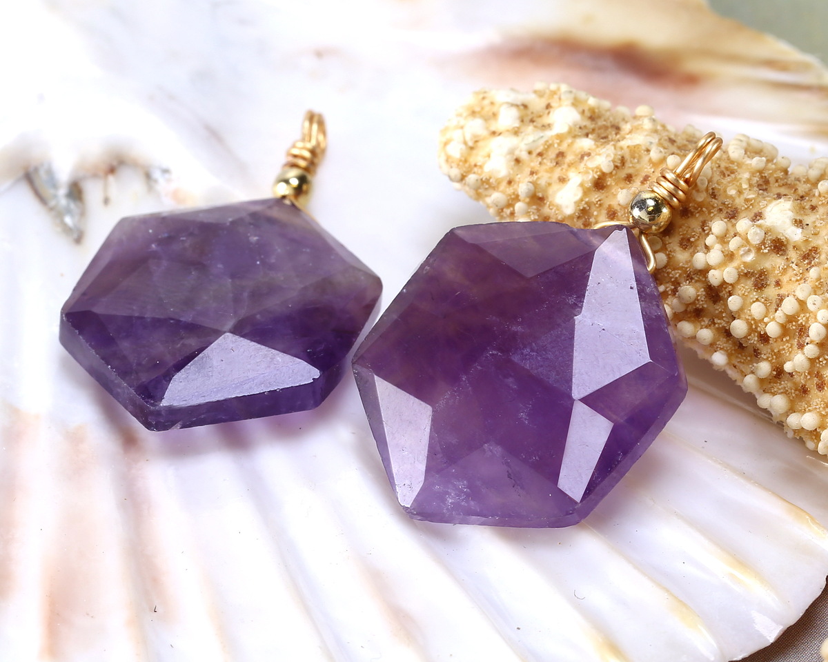 Amethyst Faceted w/ Gold Finish Hexagon Wire Wrapped Pendant 20x25mm