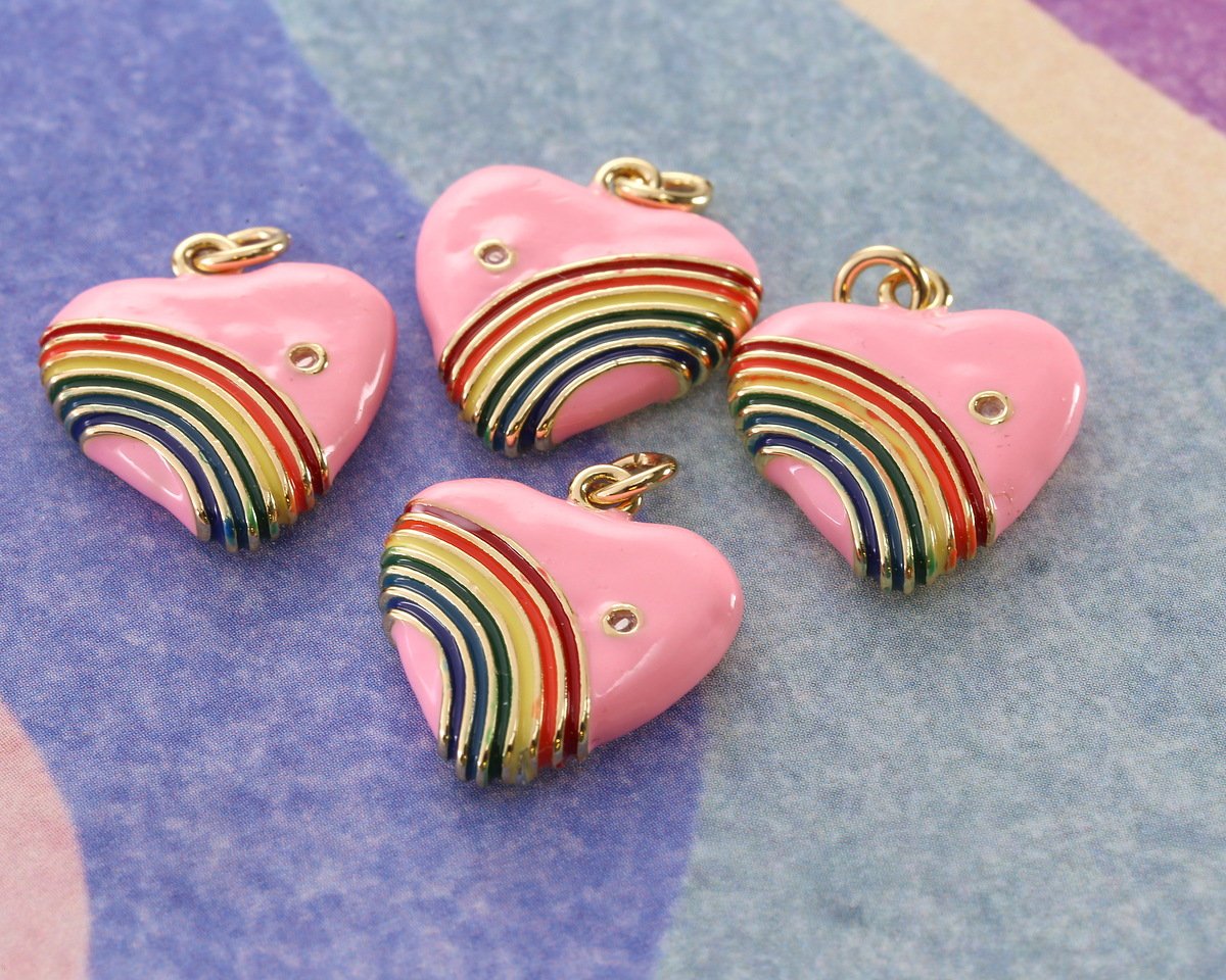 Rose Enamel w/ Rainbow & Gold Finish Heart Pendant 18x20mm