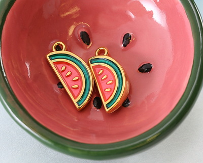 24K Gold (plated) Enameled Watermelon Focal 8x18mm