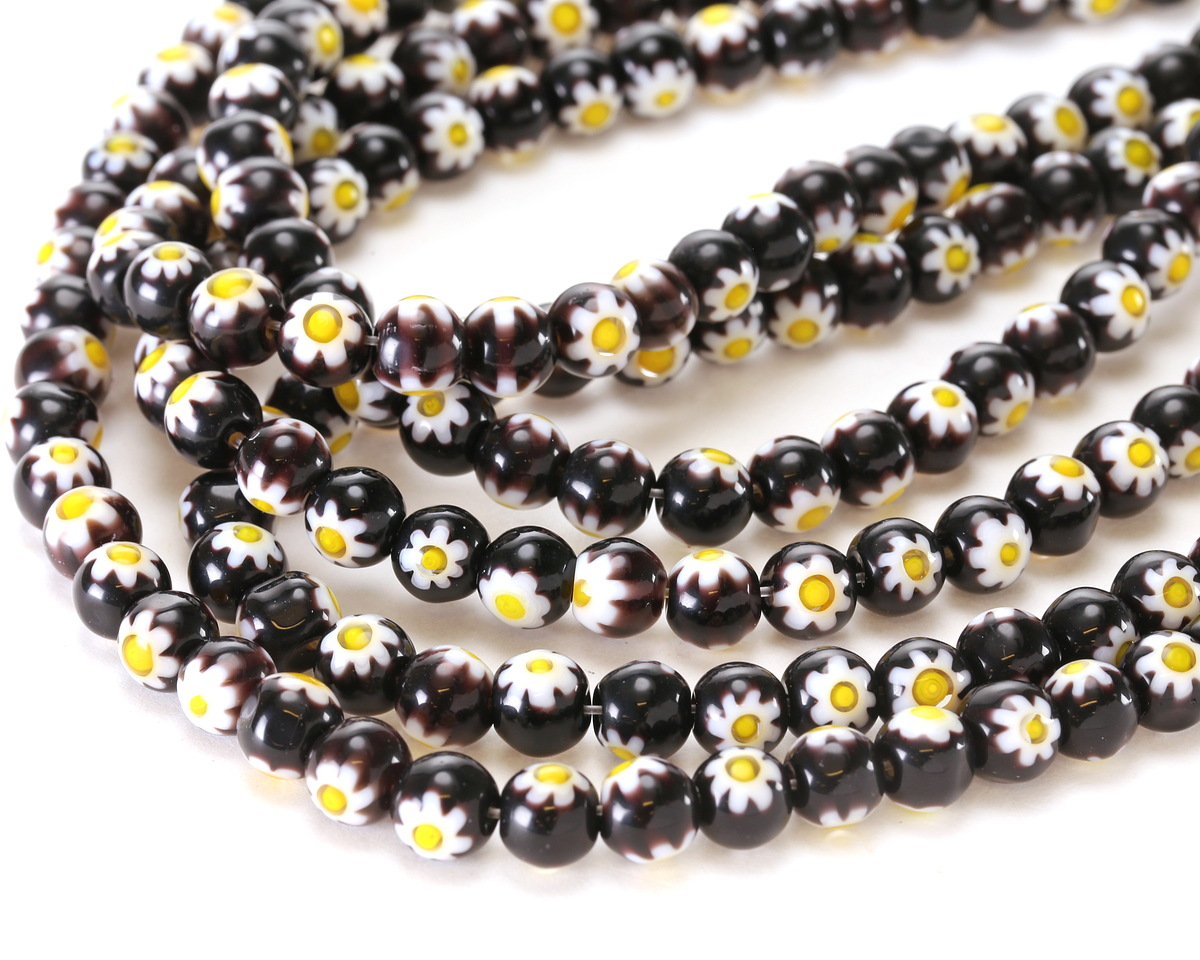 Millefiori Glass Black w/ White Daisy Round 8mm