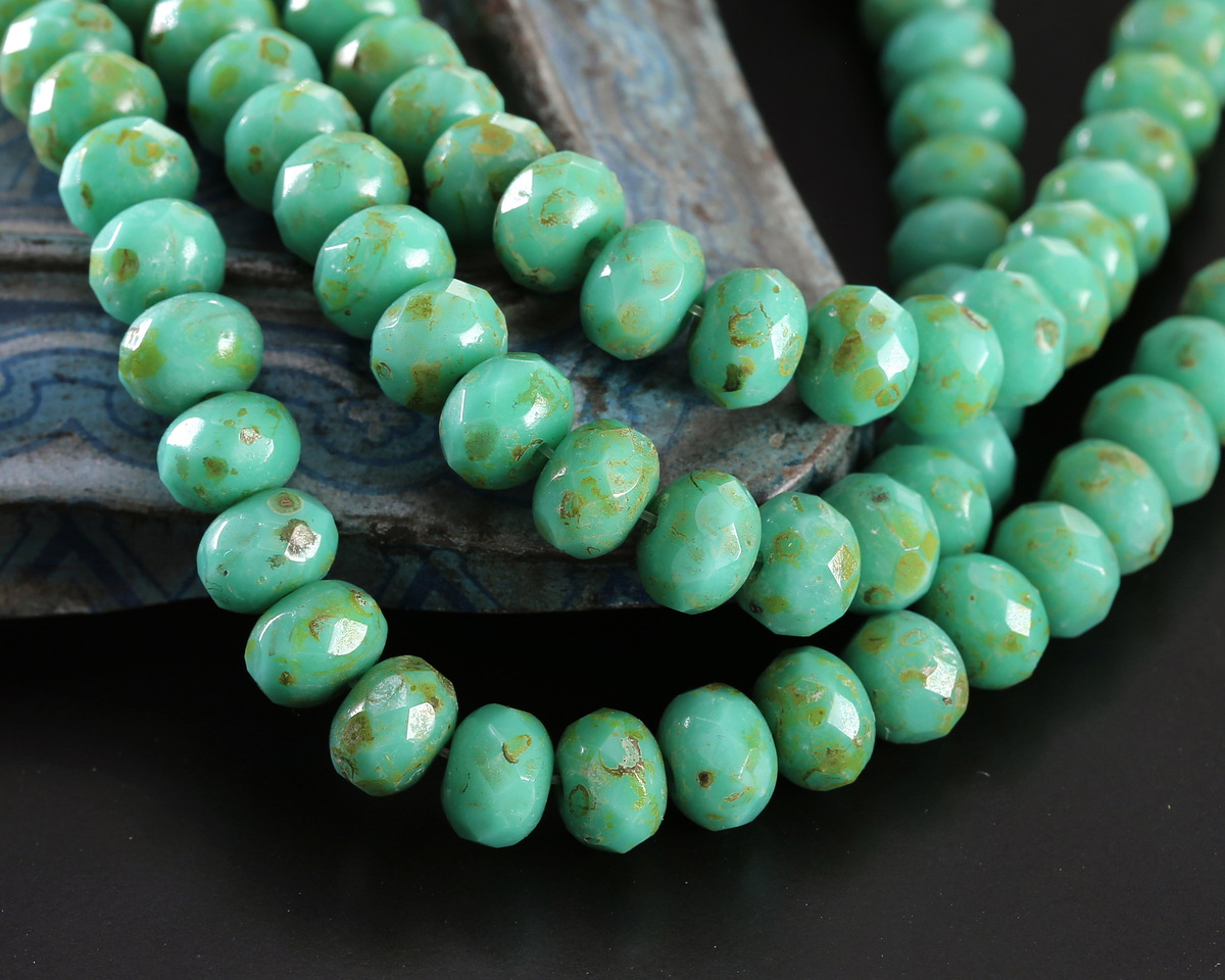 Czech Glass Green Turquoise Picasso Fire Polished Rondelle 5x7mm