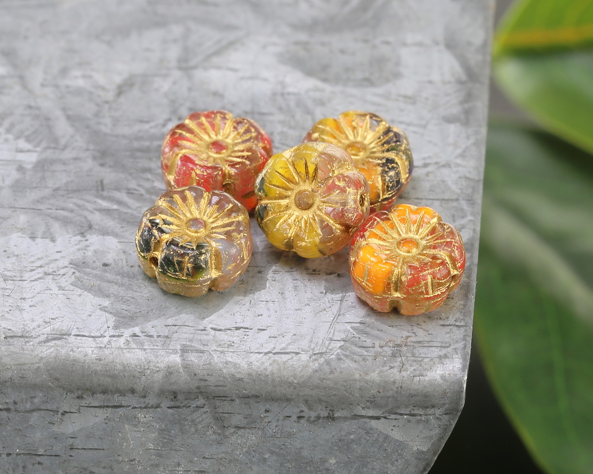 Czech Glass Tropical Mix (German Glass) w/ Gold Wash Hibiscus Coin 8mm