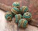 Nepalese Brass w/ Turquoise Dots amd Half Circles w/ Dots Barrel Bead 16x17-18mm