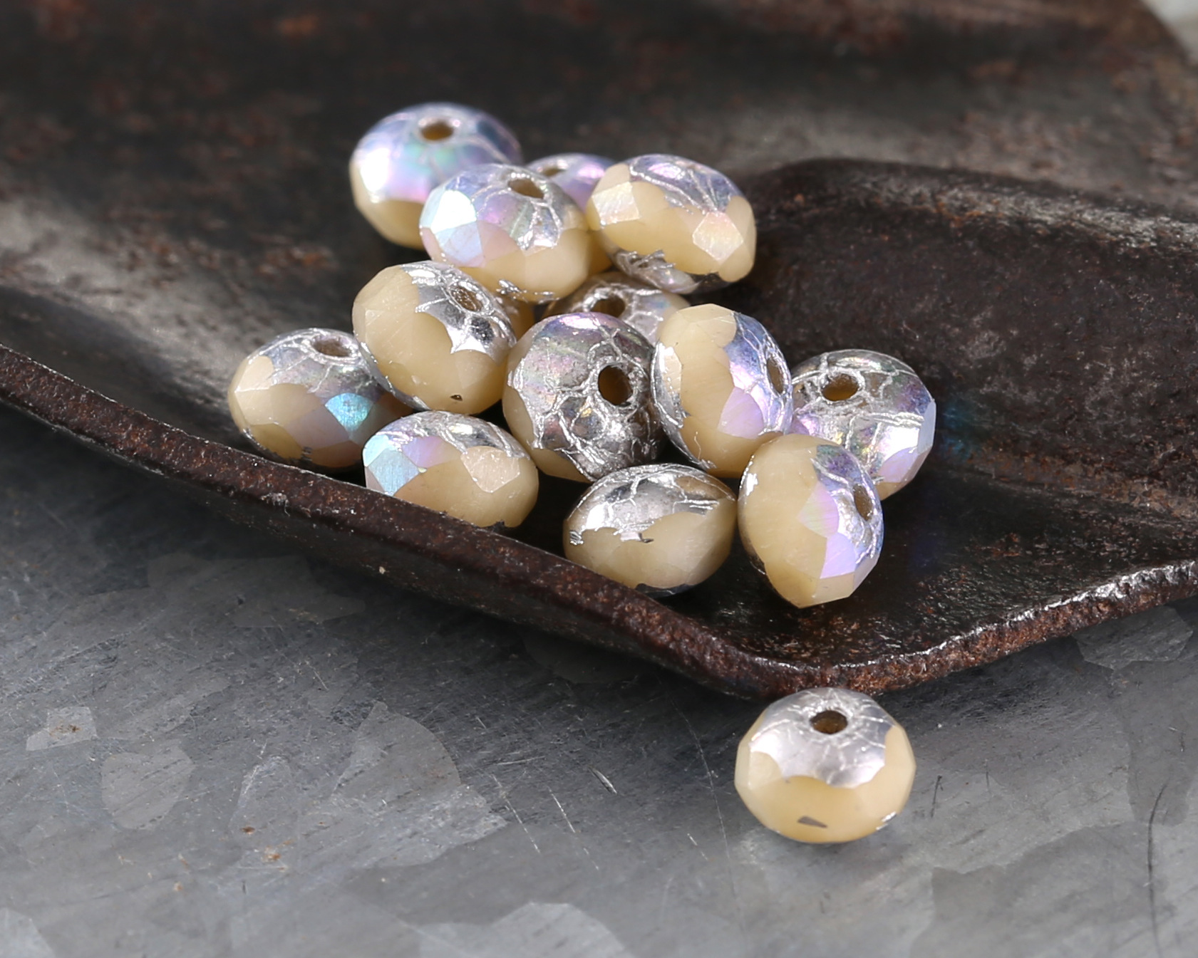 Czech Glass Matte Textured Bisque AB w/ Silver Fire Polished Rondelle 3x5mm