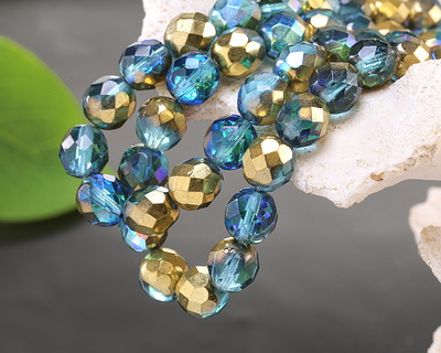 Czech Glass Aquamarine AB w/ Gold Fire Polished Round 8mm