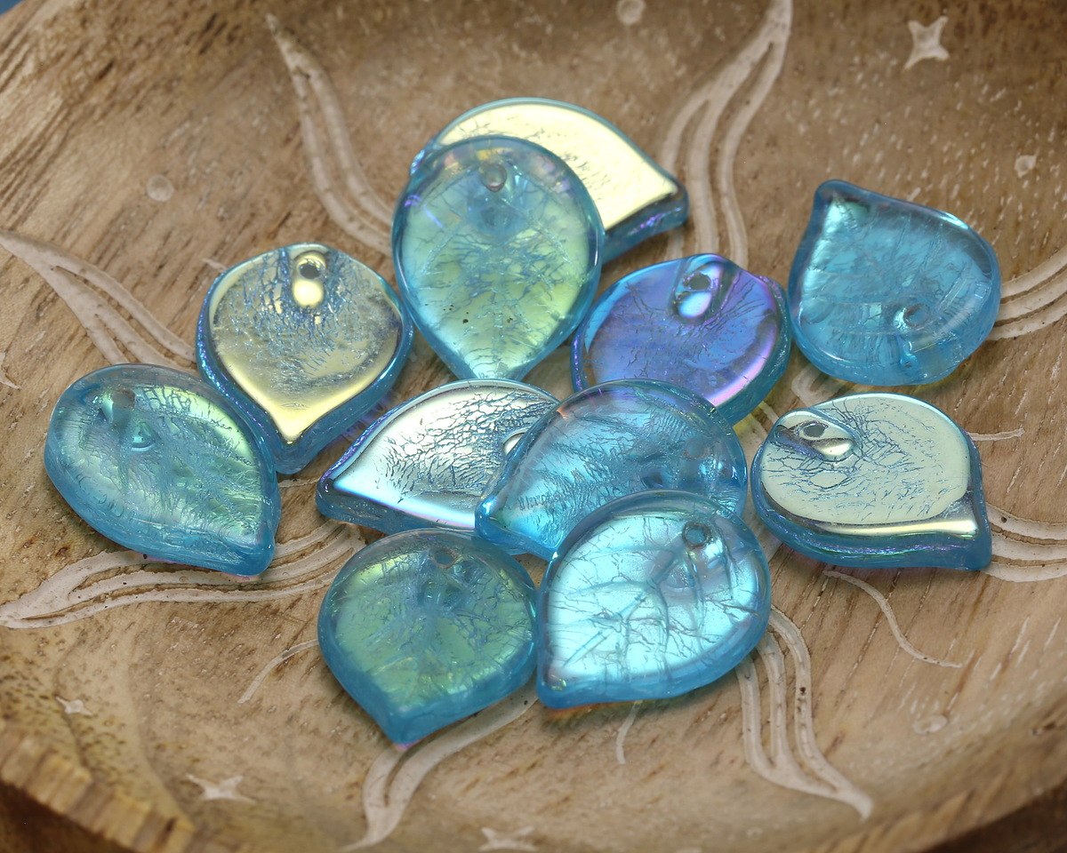 Czech Glass Aquamarine AB (on back) Leaf Drop 18x13mm