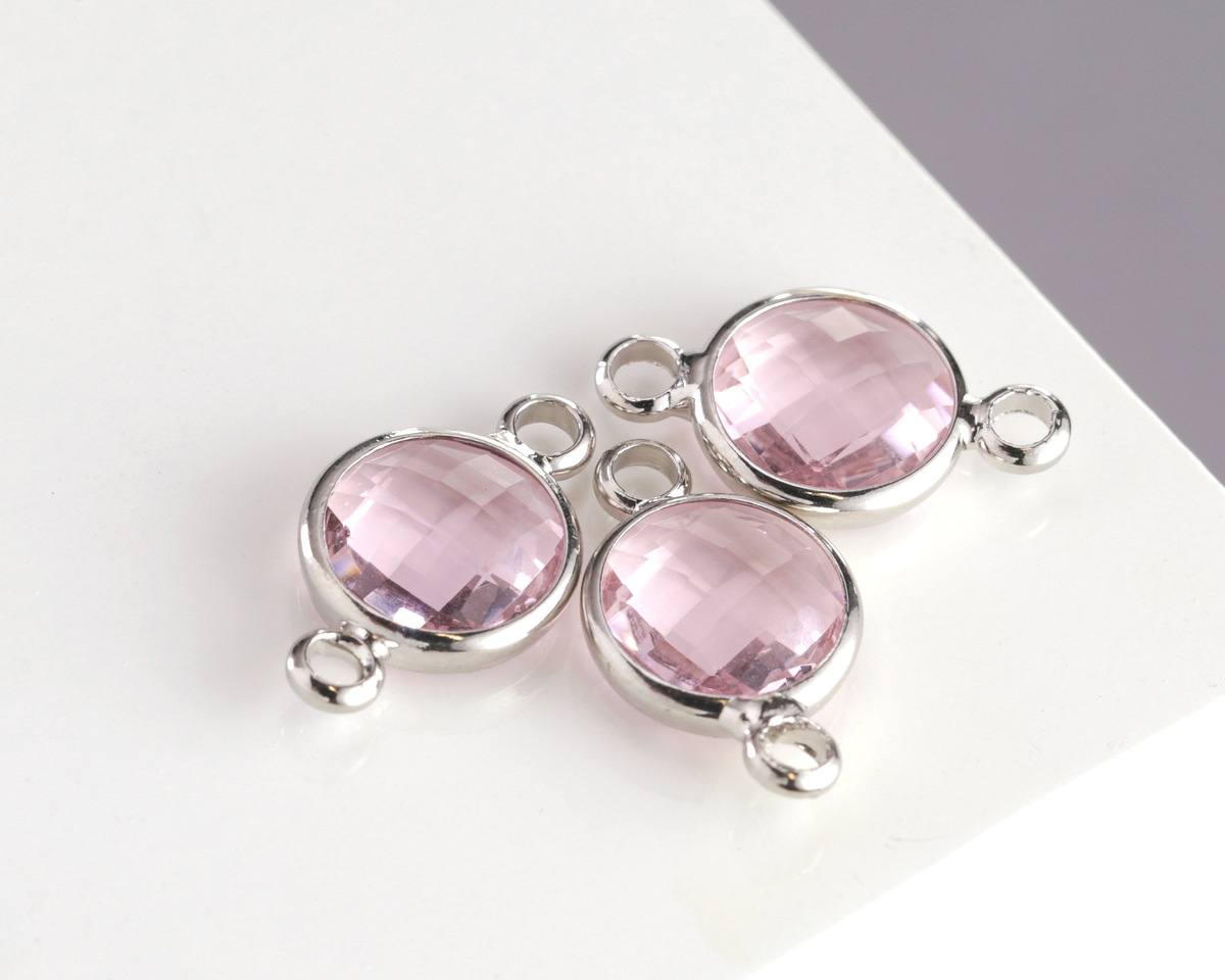 Rose Pink Crystal Round Link in Silver Finish Bezel 14.5x8.5mm