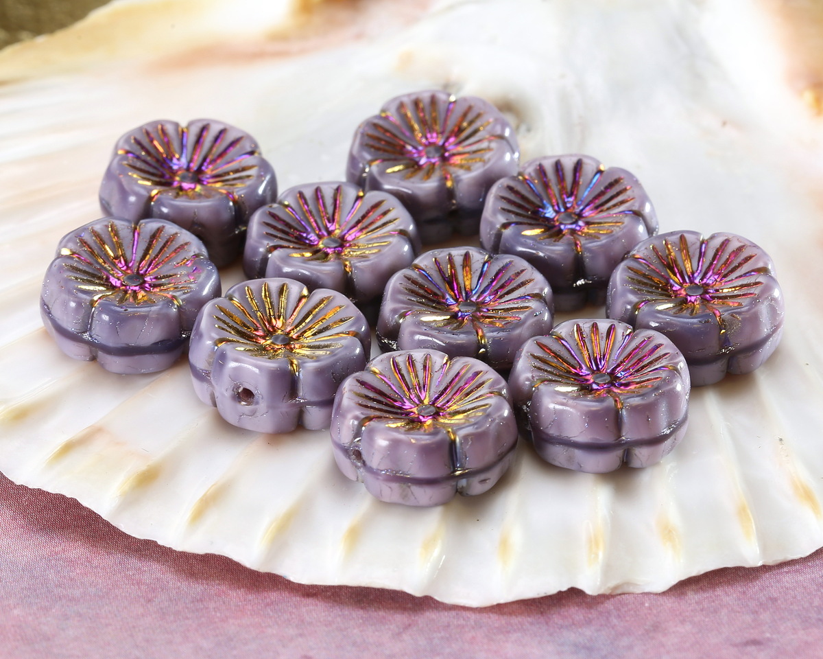 Czech Glass Thistle w/ Metallic Rainbow Hibiscus Coin 14mm