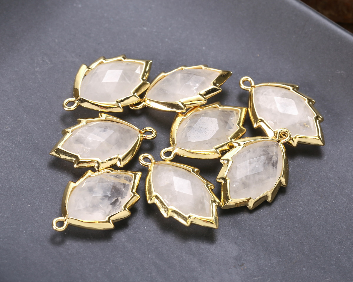 Rock Crystal Quartz Faceted Puff Leaf Focal w/ Gold Finish 14x22mm