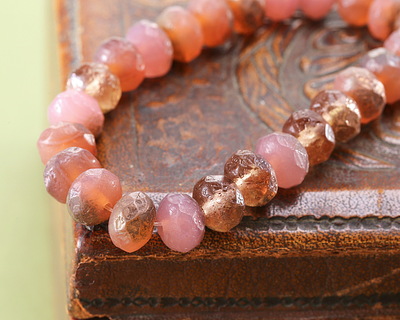Czech Glass Textured Pink Opal & Topaz Mix w/ Copper Fire Polished Rondelle 6x9mm