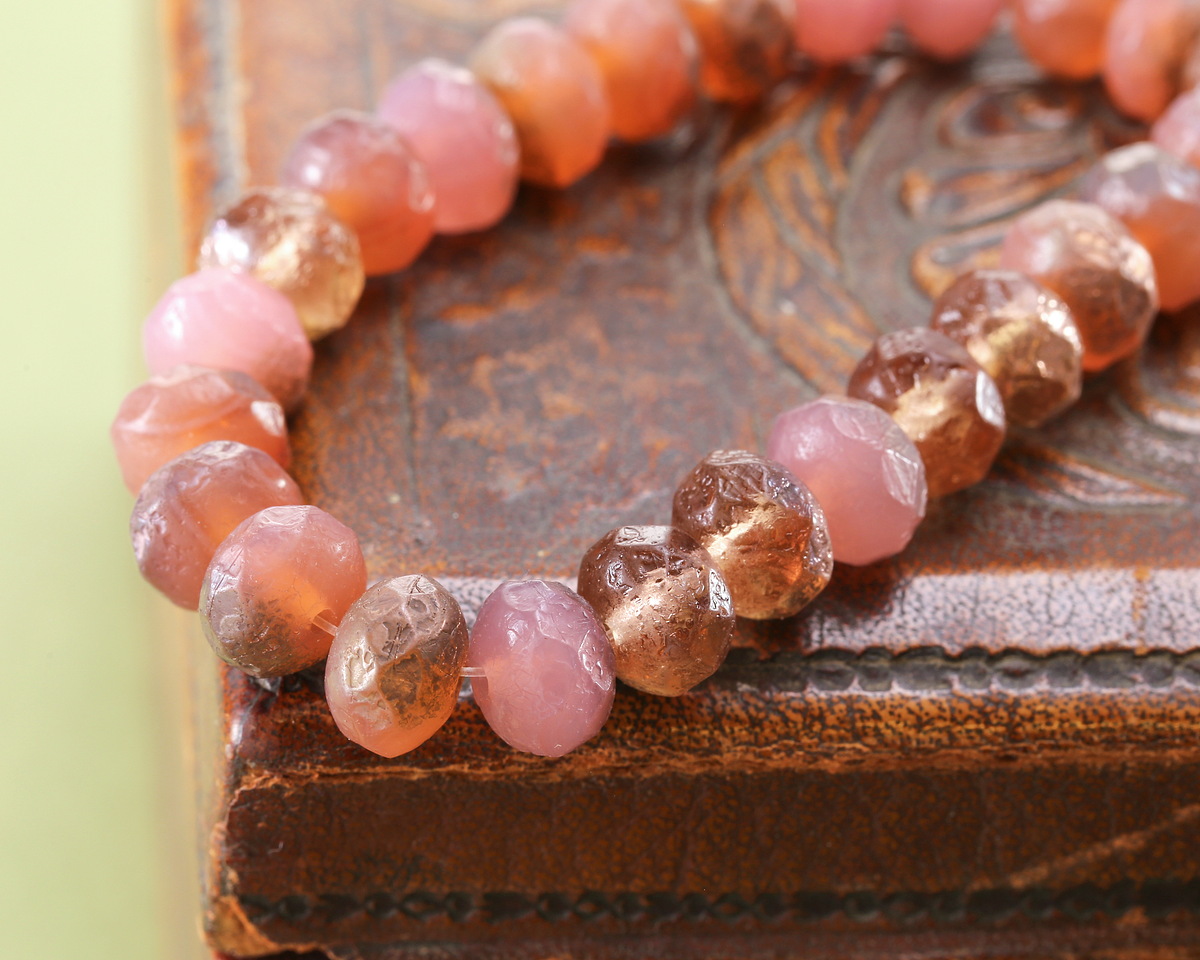 Czech Glass Textured Pink Opal & Topaz Mix w/ Copper Fire Polished Rondelle 6x9mm