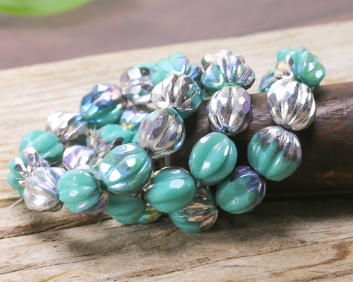 Czech Glass Turquoise AB w/ Silver Faceted Melon Round 10mm