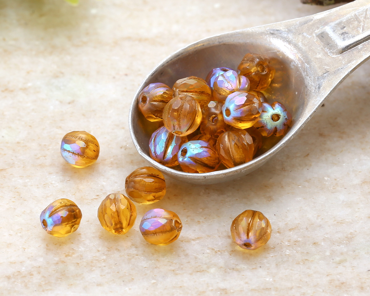 Czech Glass Matte Medium Topaz AB w/ Bronze Faceted Melon 6mm