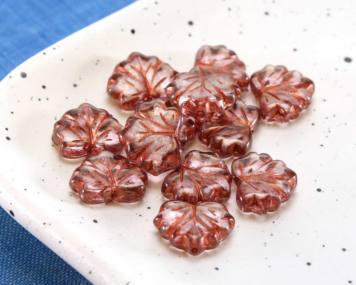 Czech Glass Crystal w/ Pink Luster & Copper Maple Leaf 11x13mm
