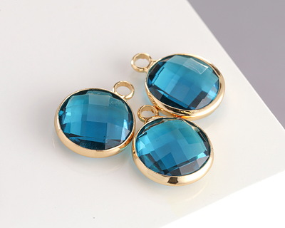 Pacific Blue Crystal Round Drop in Gold Finish Bezel 12.8x16.5mm