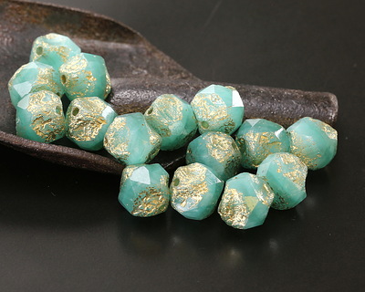 Czech Glass Textured Marbled Aqua Opal w/ Gold Wash Chandelier Cut 8mm