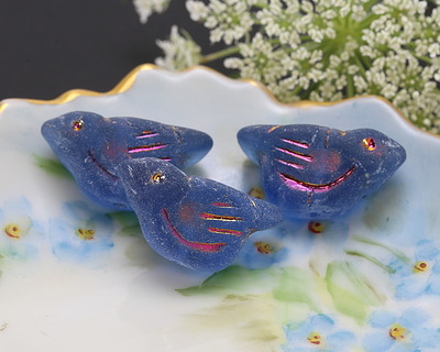 Czech Glass Matte Sapphire w/ Metallic Rainbow Bird 11x22mm