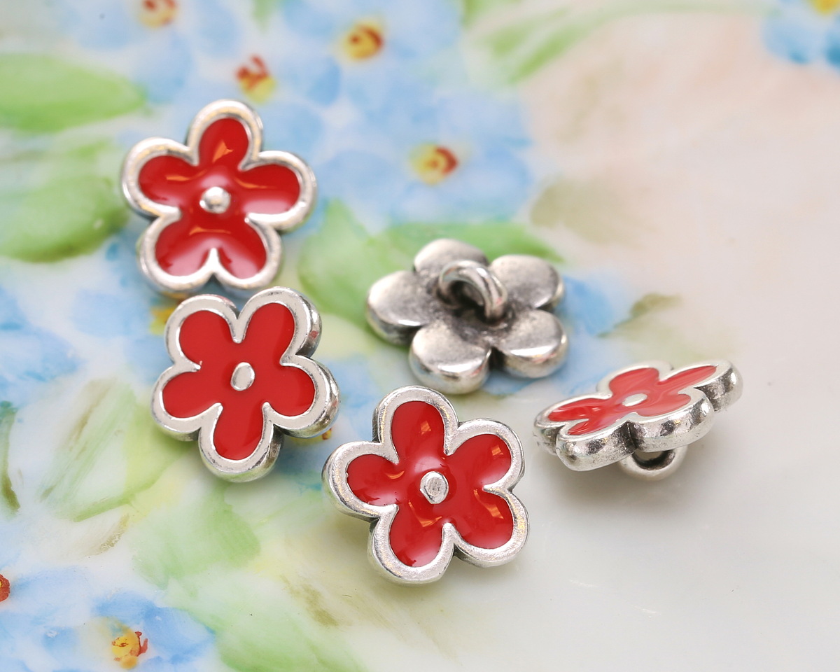 Antique Silver (plated) Red Enamel Daisy Button 10mm