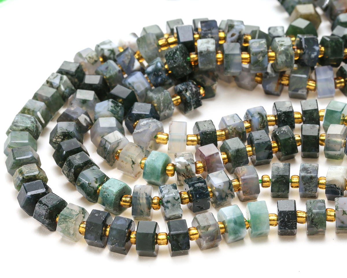 Moss Agate Microfaceted Hexagon Heishi 4x8mm