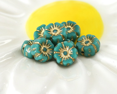 Czech Glass Green Turquoise w/ Gold Hibiscus Coin 7mm