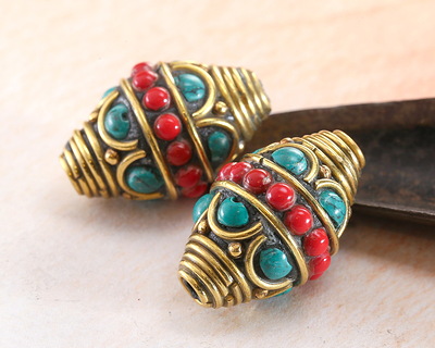 Nepalese Brass Rings & Arches w/ Coral Band & Turquoise Dots Rice Bead 23-25x16mm