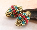 Nepalese Brass Rings & Arches w/ Coral Band & Turquoise Dots Rice Bead 23-25x16mm