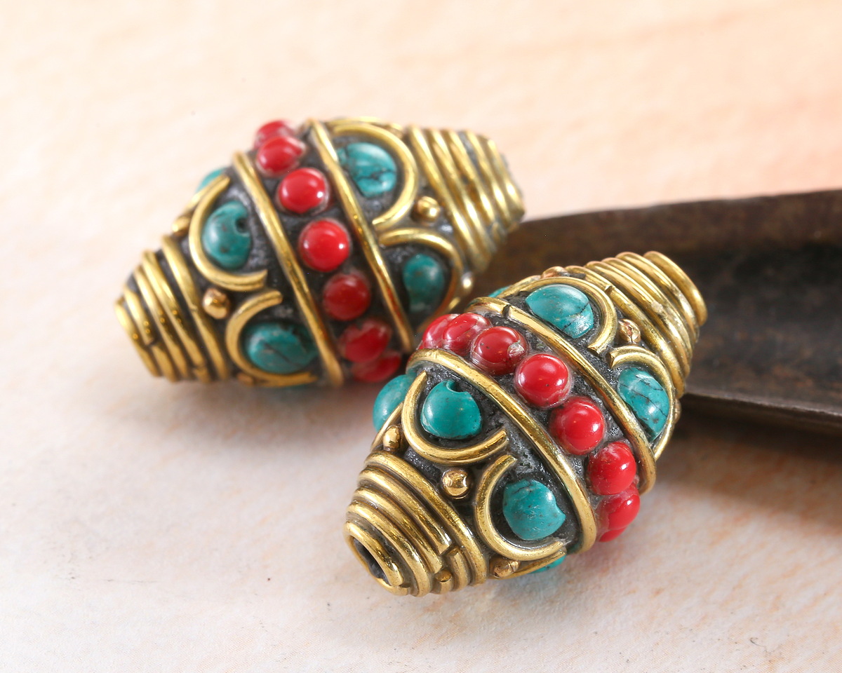 Nepalese Brass Rings & Arches w/ Coral Band & Turquoise Dots Rice Bead 23-25x16mm