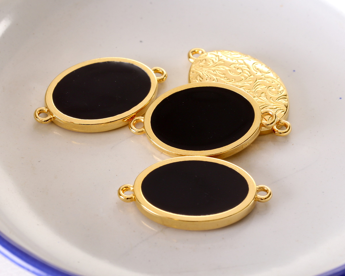 24K Gold (Plated) Jet Enamel Oval Focal Link 27x16mm
