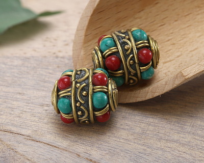 Nepalese Coral & Turquoise Dots w/ Half Circle & Dot Band Barrel 17-18x15mm