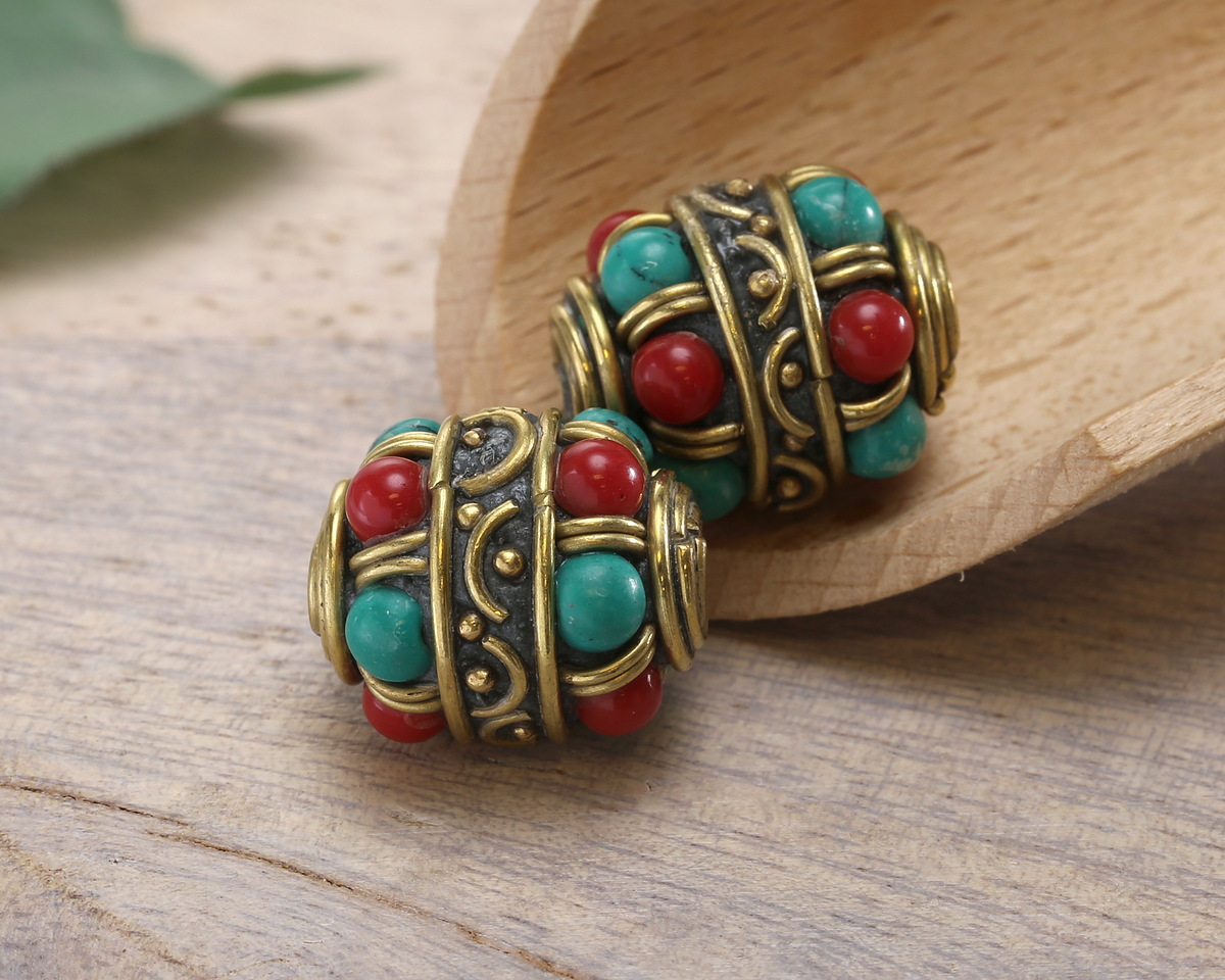 Nepalese Coral & Turquoise Dots w/ Half Circle & Dot Band Barrel 17-18x15mm