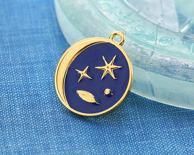 24K Gold (plated) Cobalt Enamel Crescent Moon Celestial Scene Coin Focal 18x20mm