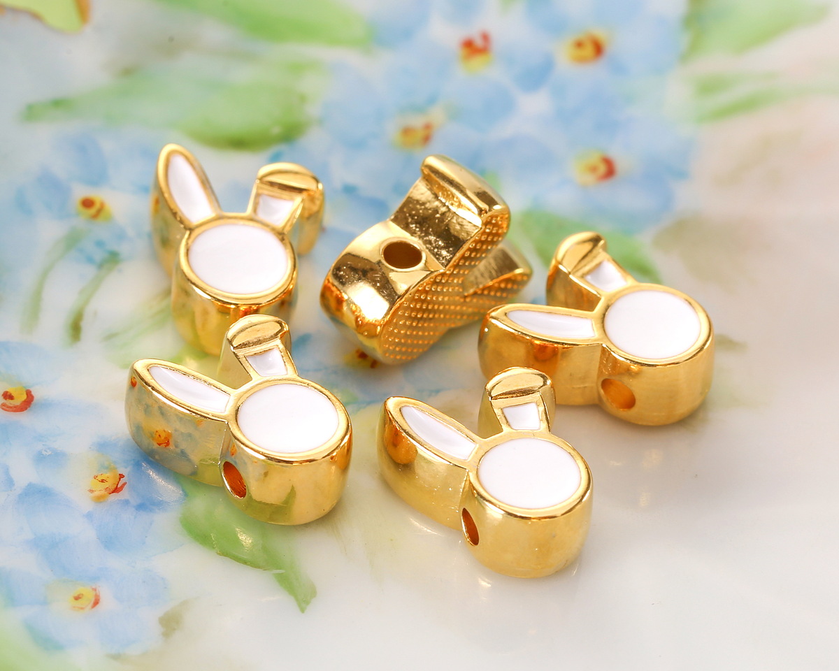 24K Gold (plated) White Enamel Cute Bunny Head Bead 9x12mm