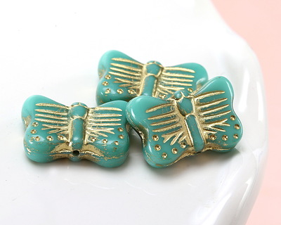 Czech Glass Green Turquoise w/ Gold Wash Butterfly 16x11mm
