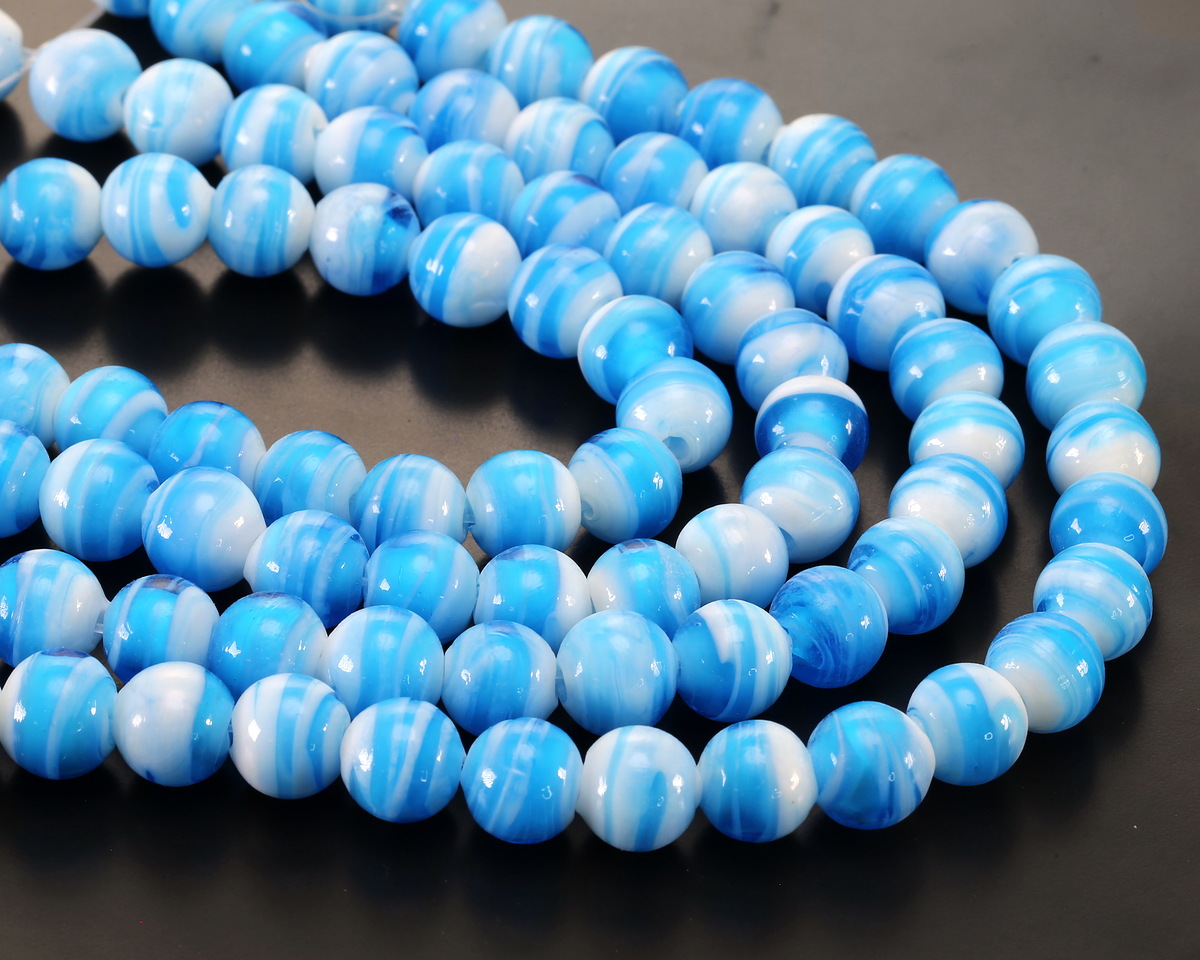Aqua & White Swirl Lampwork Glass Round 10mm