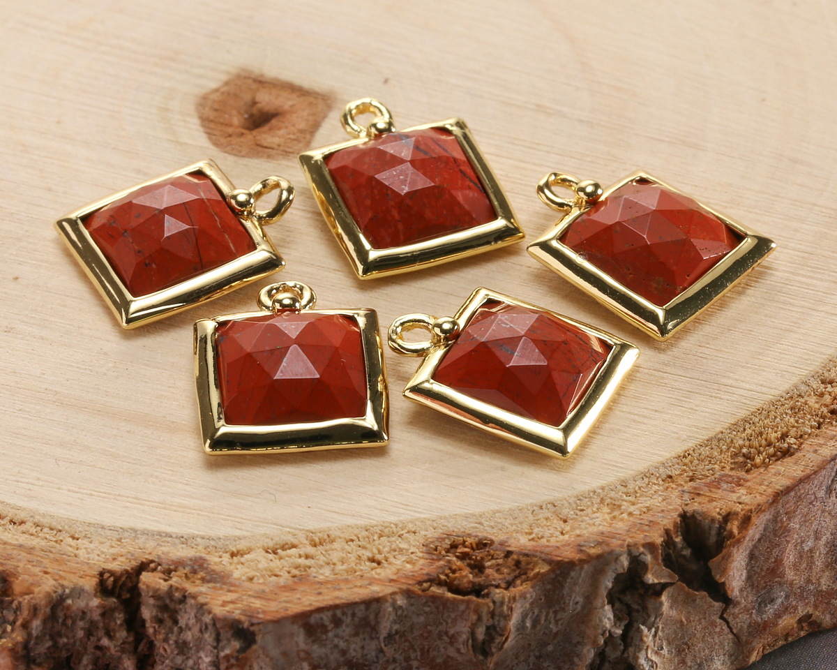 Red Jasper w/ Gold Finish Faceted Square Focal 10x13mm