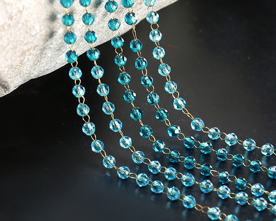Turquoise Waters Mix Ombré Crystal 2mm Gold (plated) Stainless Steel Bead Chain, 16' Spool