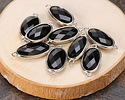 Black Obsidian Faceted Puff Oval Link w/ Silver Finish Bezel 12x20mm